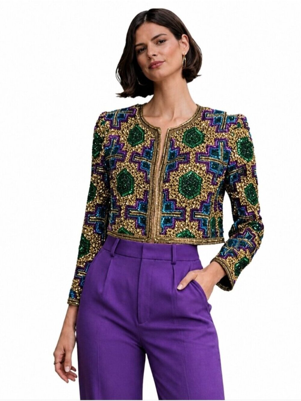 Brilliante Vintage Silk Sequined Beaded Geometric Embellished Blazer